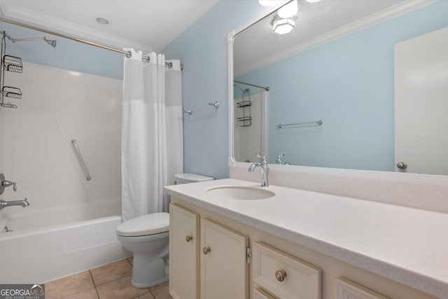 full bathroom with tile patterned flooring, toilet, shower / bathtub combination with curtain, and crown molding