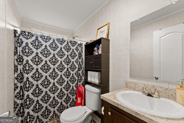 bathroom featuring walk in shower, toilet, vanity, and ornamental molding