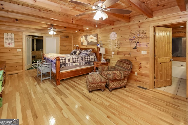 bedroom featuring ceiling fan, wooden ceiling, beamed ceiling, wood walls, and light wood-type flooring