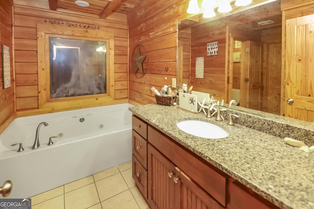 bathroom with beam ceiling, a tub to relax in, tile patterned floors, wooden walls, and wood ceiling