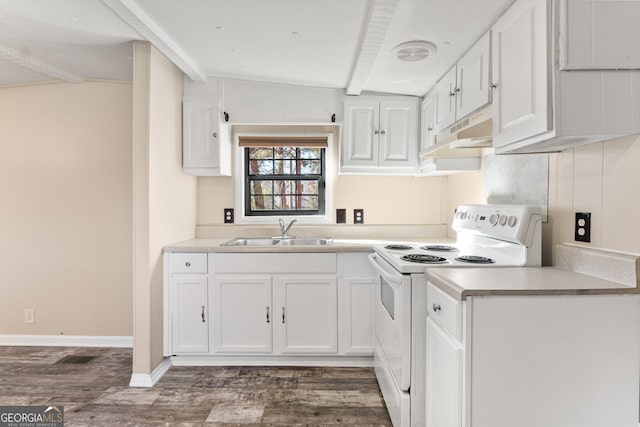 kitchen with white electric range oven, dark hardwood / wood-style floors, white cabinetry, and sink