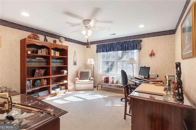 office space with ceiling fan and light carpet