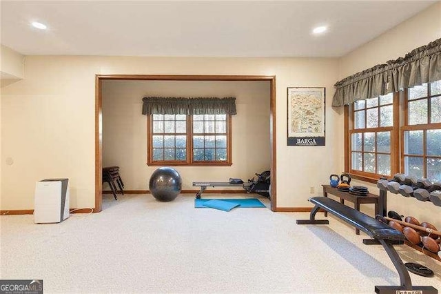 exercise room featuring carpet flooring