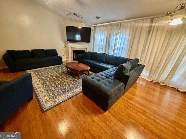 living room with a textured ceiling, wood-type flooring, and track lighting