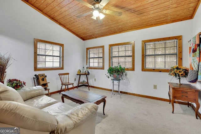 sitting room with light colored carpet, vaulted ceiling, ceiling fan, and wooden ceiling