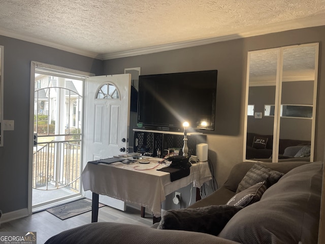 living room with hardwood / wood-style floors, crown molding, and a textured ceiling