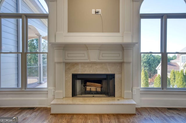 room details with wood-type flooring and a premium fireplace