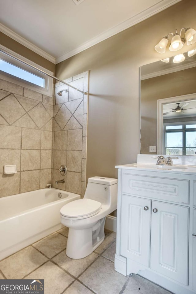 full bathroom featuring tiled shower / bath, vanity, a wealth of natural light, and ceiling fan