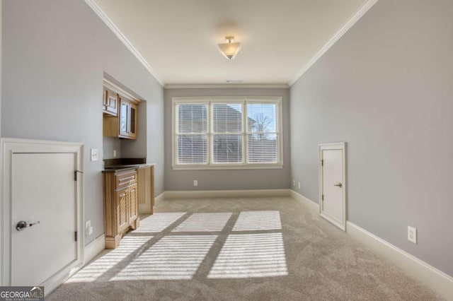 interior space with light colored carpet and ornamental molding