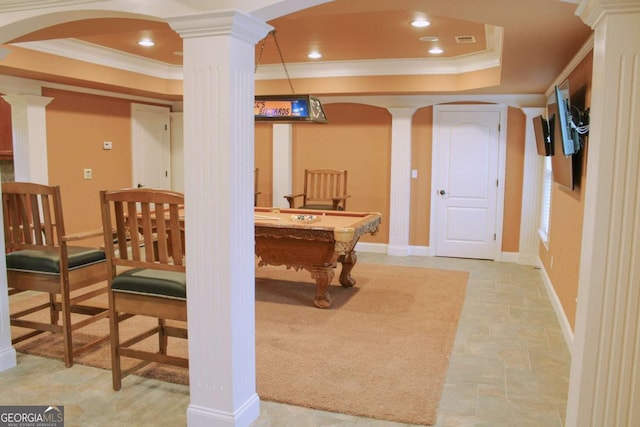 game room with ornate columns, ornamental molding, billiards, and a tray ceiling