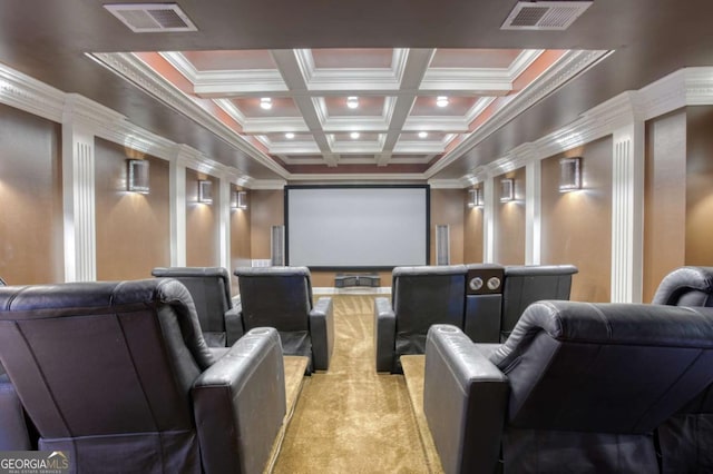 carpeted cinema featuring beamed ceiling, ornamental molding, and coffered ceiling