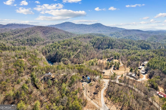 drone / aerial view featuring a mountain view and a view of trees