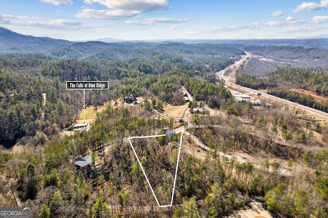 bird's eye view with a mountain view and a wooded view