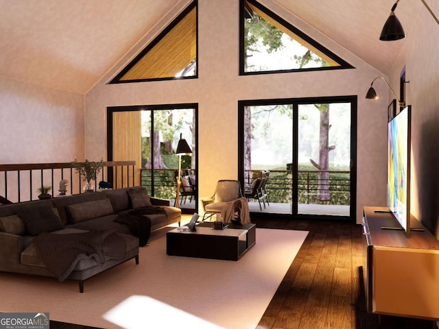 living room featuring high vaulted ceiling, a healthy amount of sunlight, and hardwood / wood-style floors