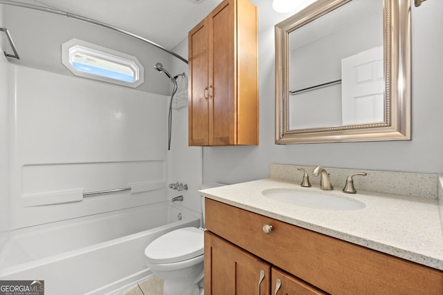 full bathroom with shower / tub combination, vanity, and toilet