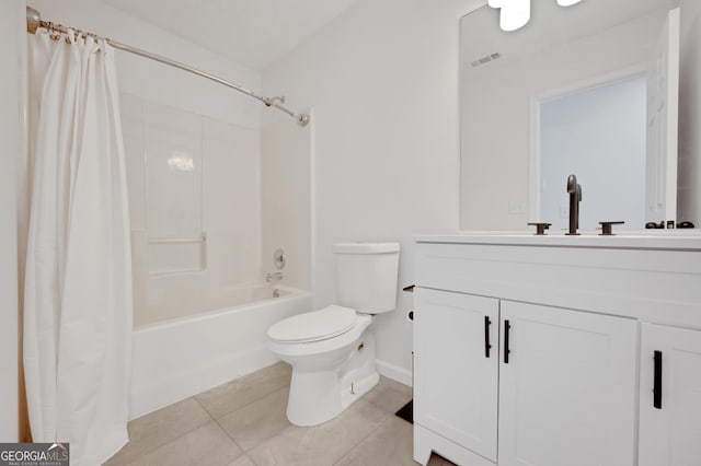 full bathroom featuring tile patterned flooring, shower / bath combination with curtain, toilet, and vanity