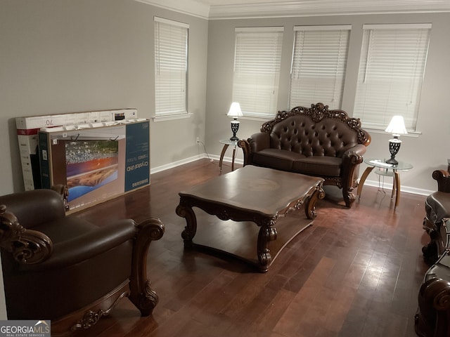 living room featuring dark wood-type flooring and crown molding