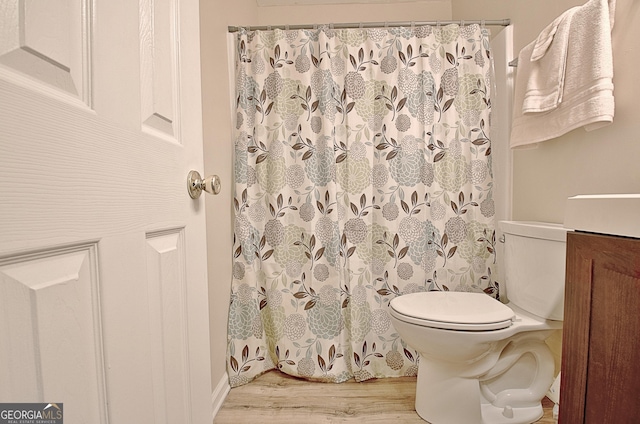 bathroom featuring vanity, curtained shower, toilet, and wood-type flooring