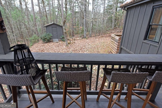 exterior space with a storage shed