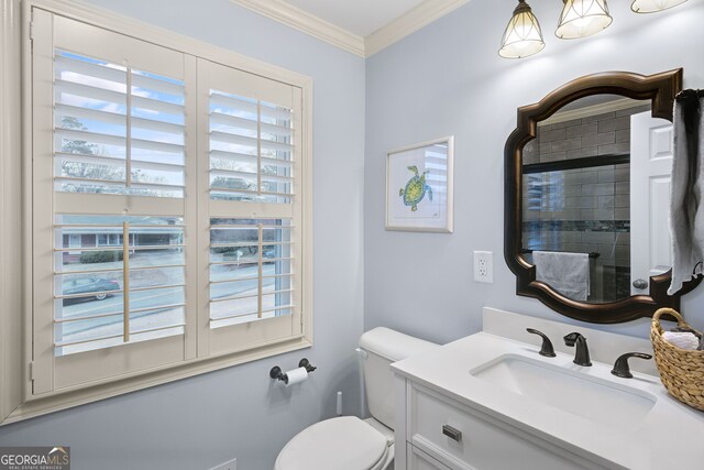 bathroom with vanity, toilet, crown molding, and a wealth of natural light