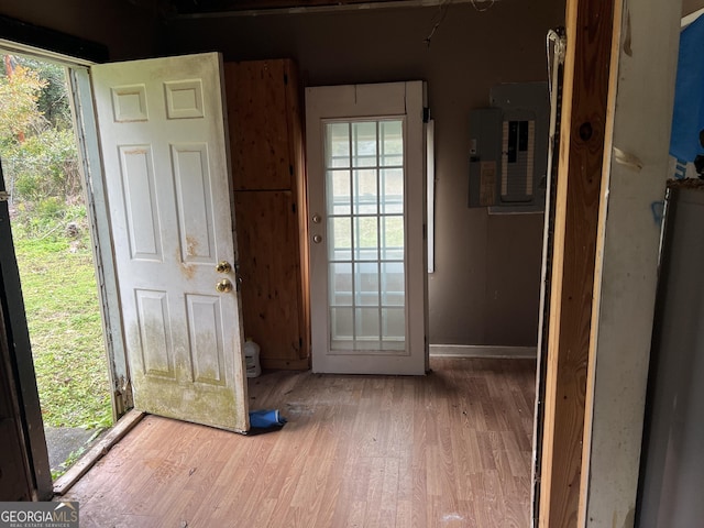 doorway with wood-type flooring and electric panel