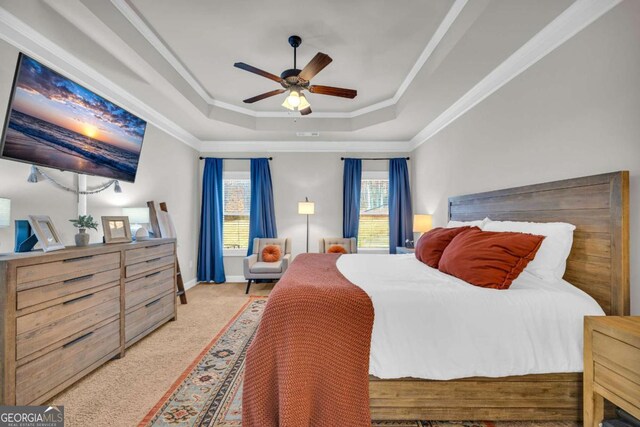 bedroom featuring a raised ceiling, carpet flooring, crown molding, and baseboards