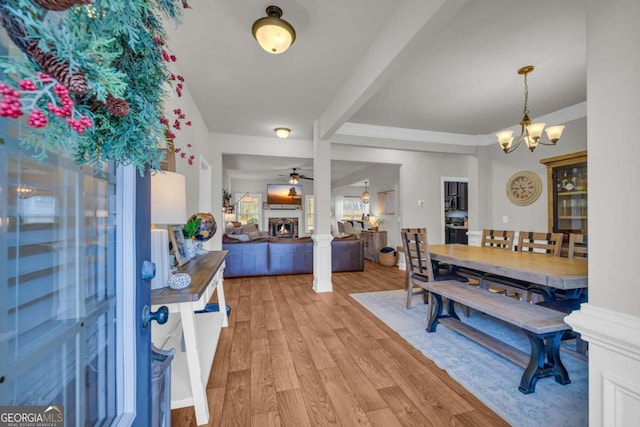 entrance foyer with a warm lit fireplace, ceiling fan with notable chandelier, and light wood-style flooring