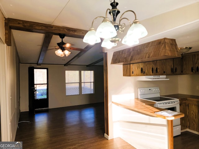 kitchen featuring beamed ceiling, dark hardwood / wood-style floors, ceiling fan with notable chandelier, and white electric stove