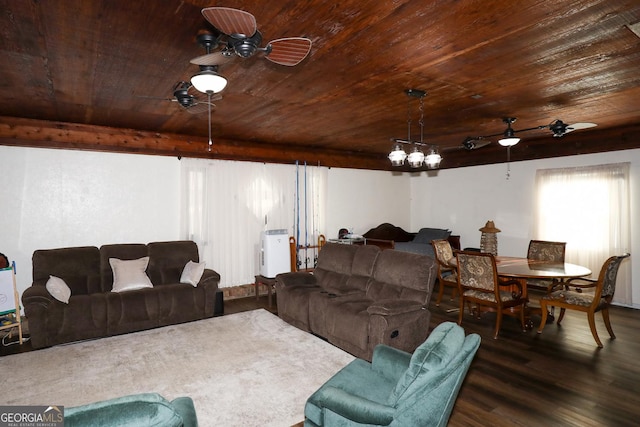 living room featuring dark wood-type flooring, ceiling fan, and wooden ceiling