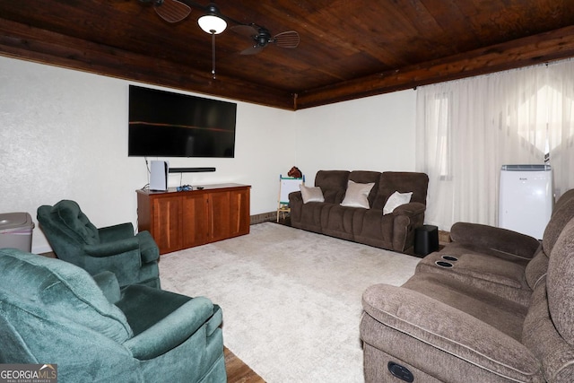 living room featuring ceiling fan and wood ceiling