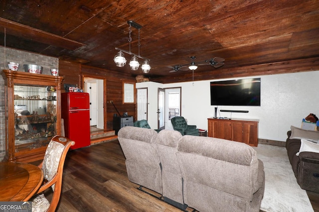 living room featuring dark hardwood / wood-style floors, wooden ceiling, and wood walls