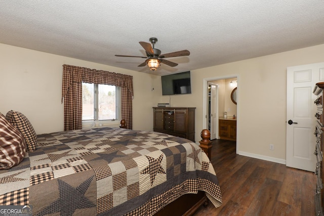 bedroom with a textured ceiling, dark hardwood / wood-style floors, ceiling fan, and ensuite bathroom