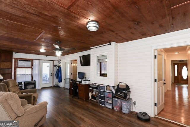 living room featuring ceiling fan, dark hardwood / wood-style flooring, wooden ceiling, and wooden walls