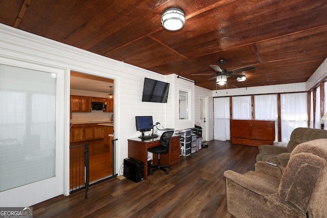 interior space with ceiling fan, wooden ceiling, and dark wood-type flooring