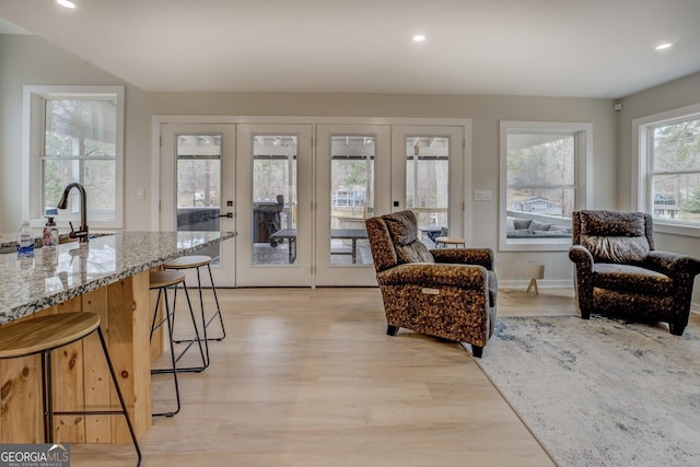 living room with french doors, light hardwood / wood-style flooring, and sink