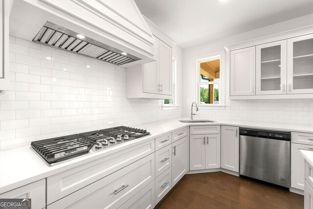 kitchen with custom exhaust hood, decorative backsplash, white cabinetry, and appliances with stainless steel finishes