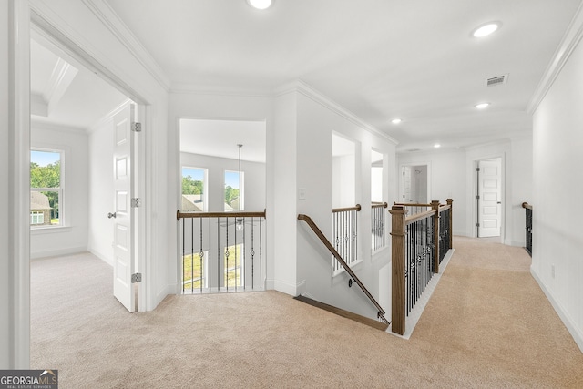 hallway featuring light carpet and ornamental molding