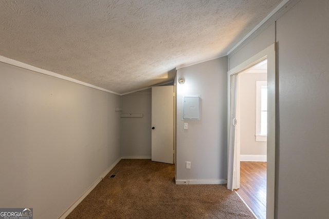 bonus room featuring visible vents, carpet flooring, a textured ceiling, and baseboards