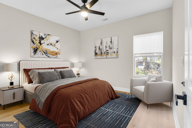 bedroom featuring ceiling fan and light wood-type flooring