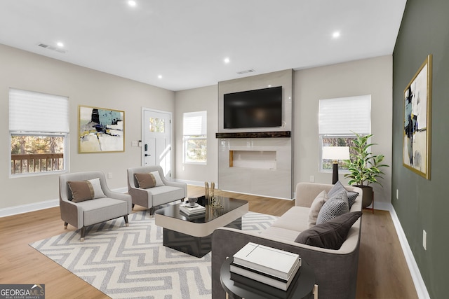 living room featuring light hardwood / wood-style flooring and a healthy amount of sunlight