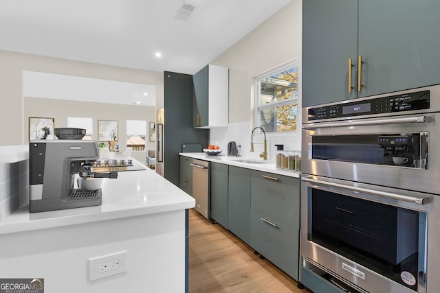 kitchen featuring appliances with stainless steel finishes, tasteful backsplash, sink, light hardwood / wood-style flooring, and white cabinets