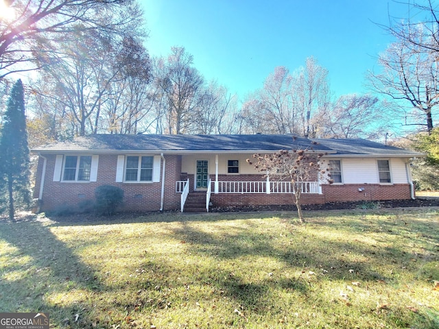 ranch-style house featuring a porch, crawl space, a front lawn, and brick siding