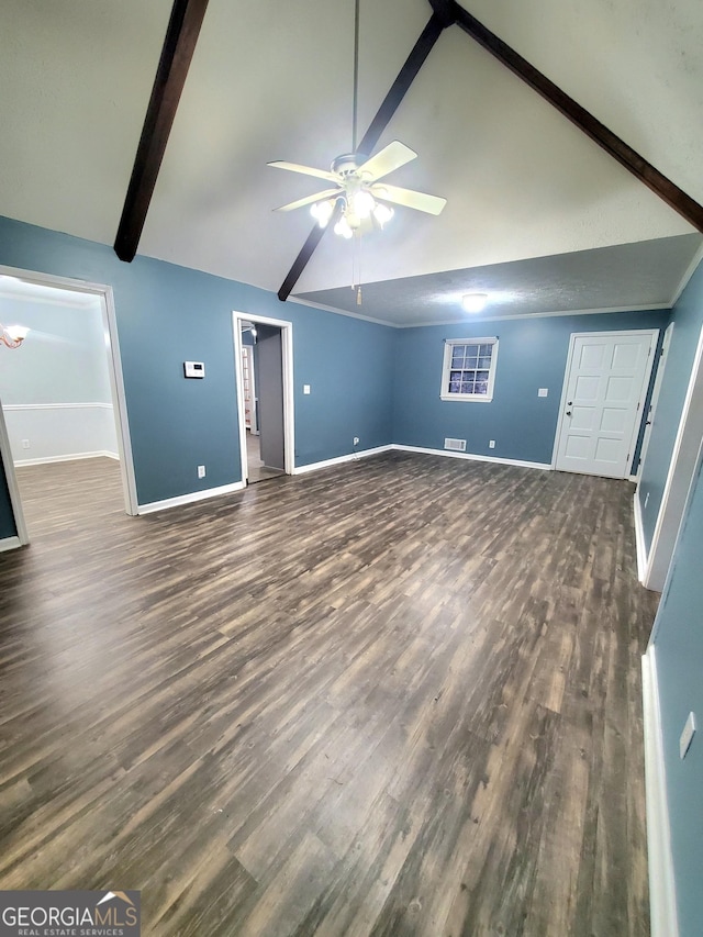 unfurnished living room featuring baseboards, ceiling fan, wood finished floors, high vaulted ceiling, and beam ceiling