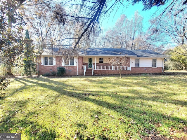 single story home with crawl space, brick siding, a front lawn, and covered porch