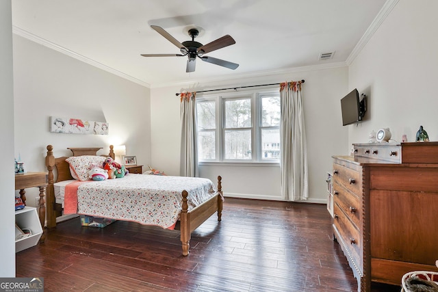 bedroom featuring ceiling fan, dark hardwood / wood-style floors, and ornamental molding