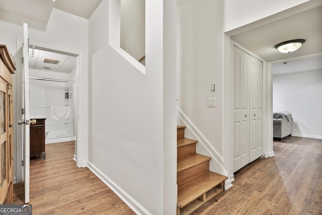 staircase with hardwood / wood-style flooring