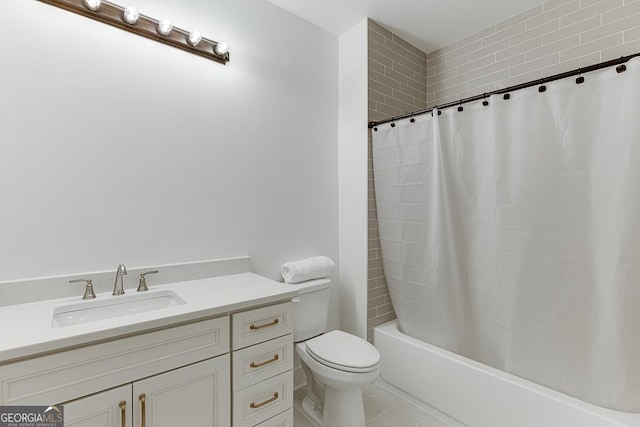 full bathroom with vanity, tile patterned flooring, shower / bath combination with curtain, and toilet