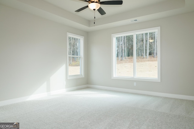 spare room with a healthy amount of sunlight, carpet flooring, ceiling fan, and a tray ceiling