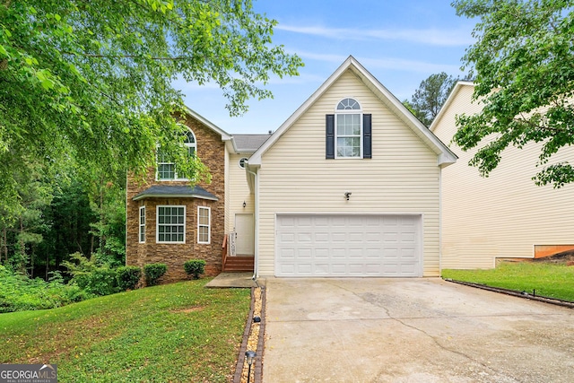 front of property with a garage and a front lawn