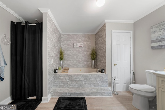 bathroom featuring crown molding, a washtub, and wood-type flooring